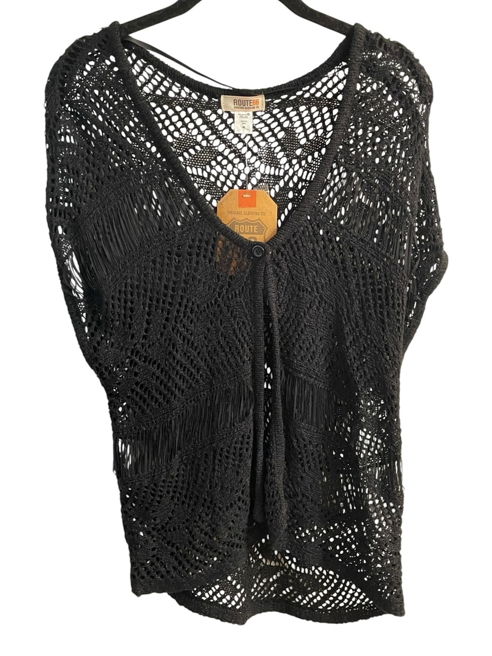 Route 66 Black Crochet Fringe Cardigan Boho Festival Cover Up XS Y2K